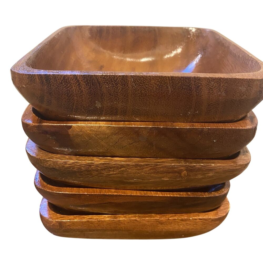 Wooden Salad Bowls Multi Purpose Serving Vintage Setof5 HandTurned MCM 6” Square